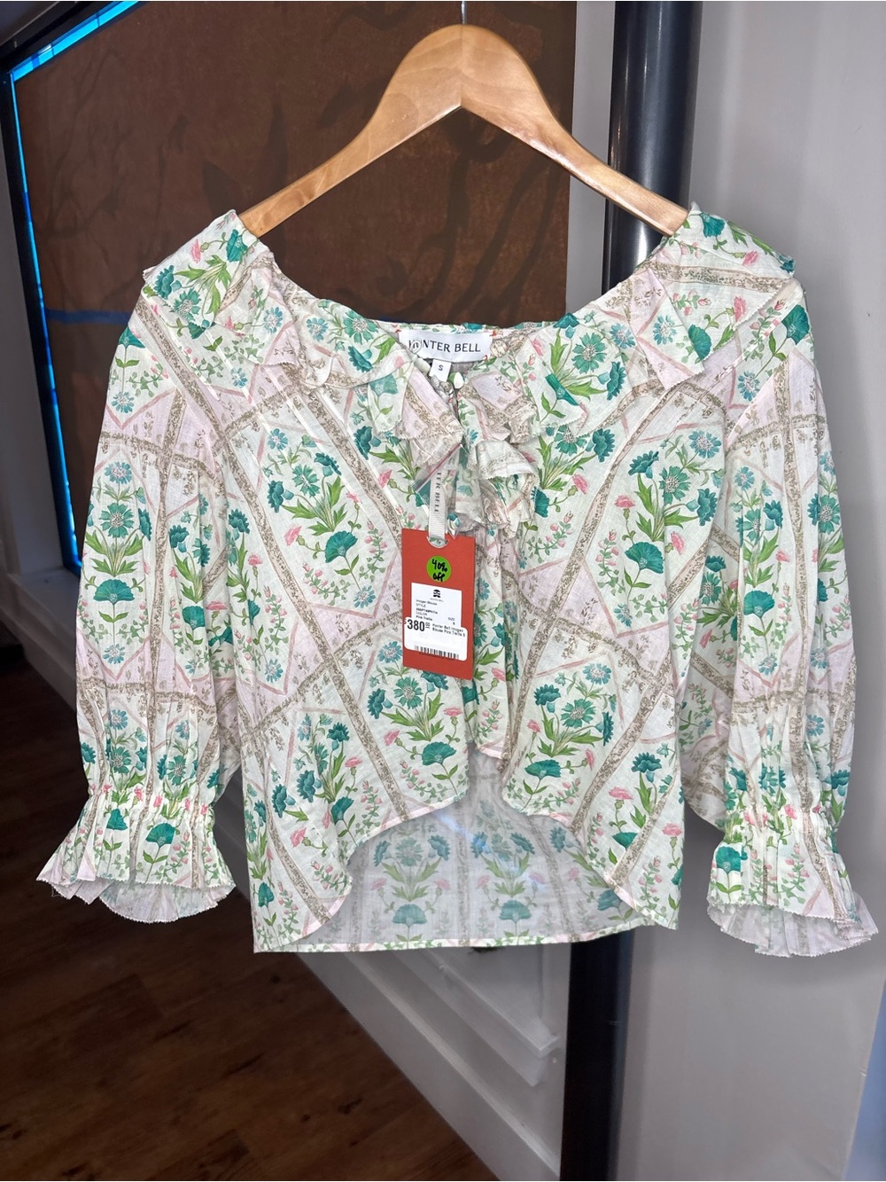 HUNTER BELL Floral Ruffle Tie-Neck Blouse in Green & Pink